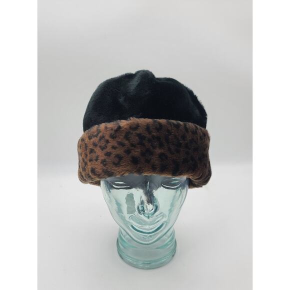Leopard Print & Black Luxurious Soft Faux Fur Russian Hat Women's Size 7 3/8 - Picture 2 of 8